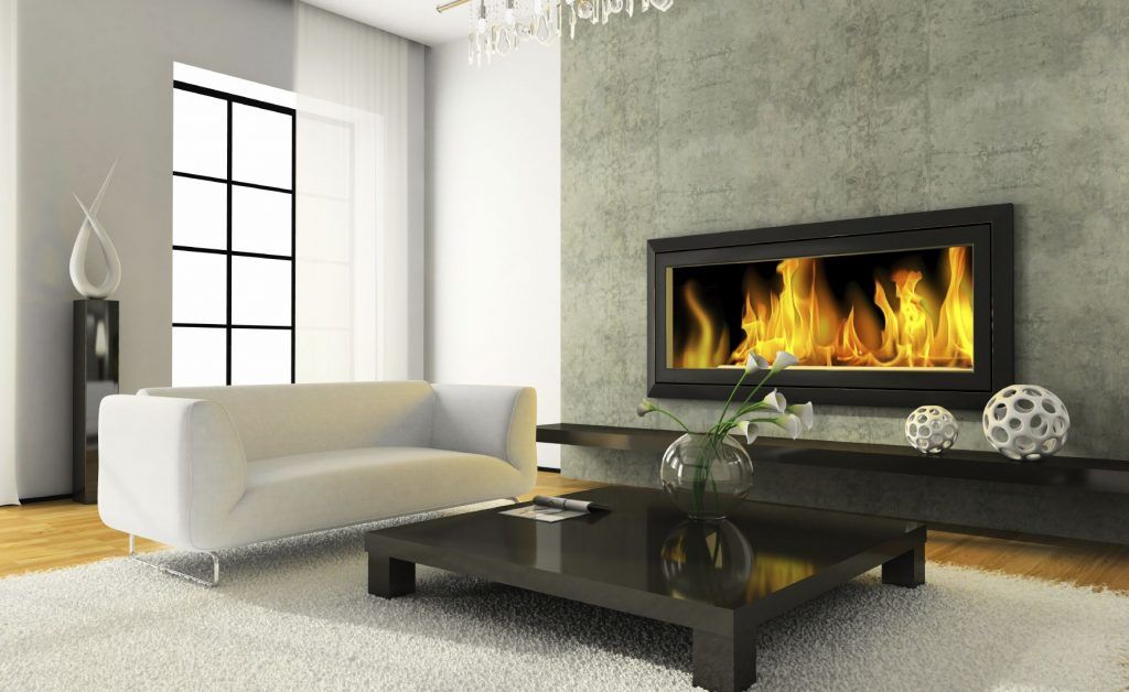 View on the modern interior with fireplace 3D rendering