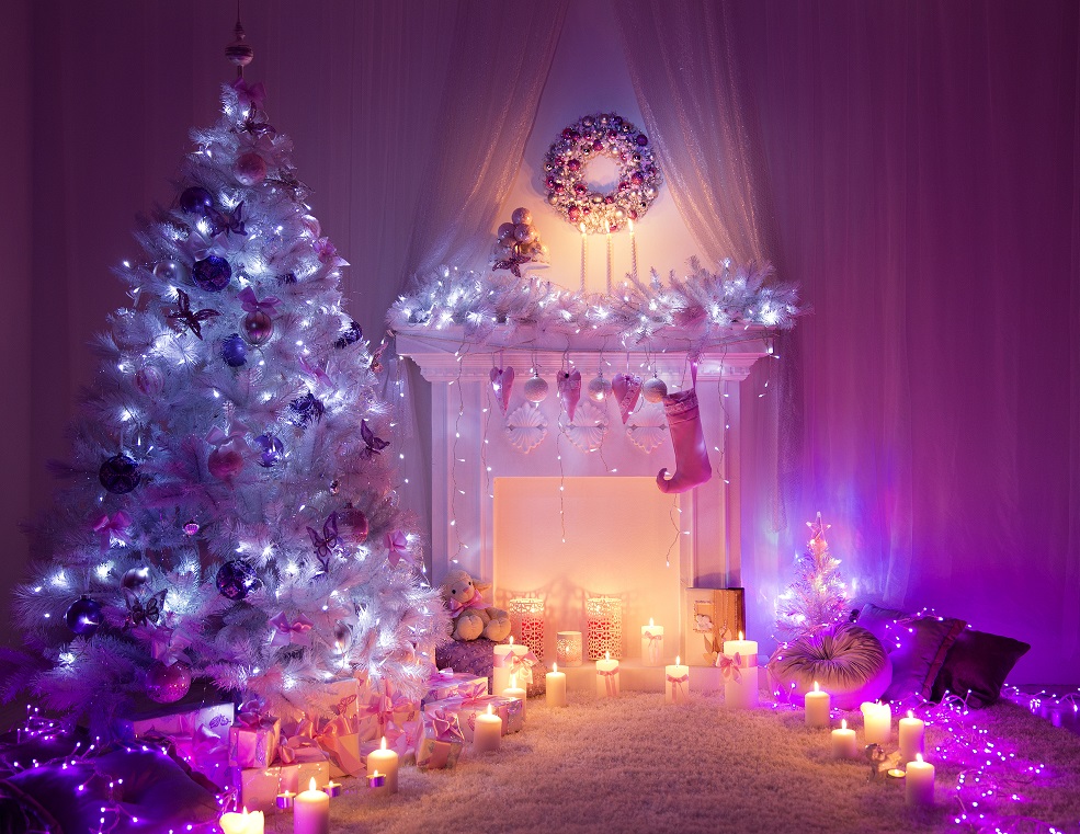 Christmas Room Fireplace Tree Lights, Xmas Interior Home Decoration, Hanging Sock and Presents