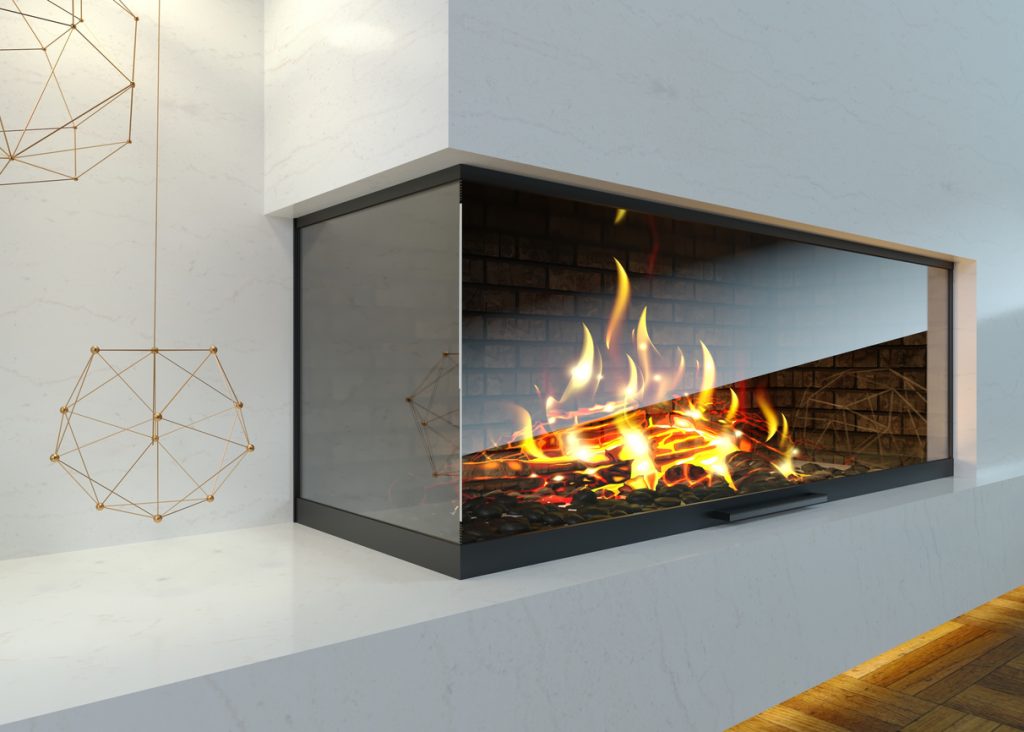 3d illustration. Modern glass corner fireplace in the interior in the style of minimalism or loft. Heating technology