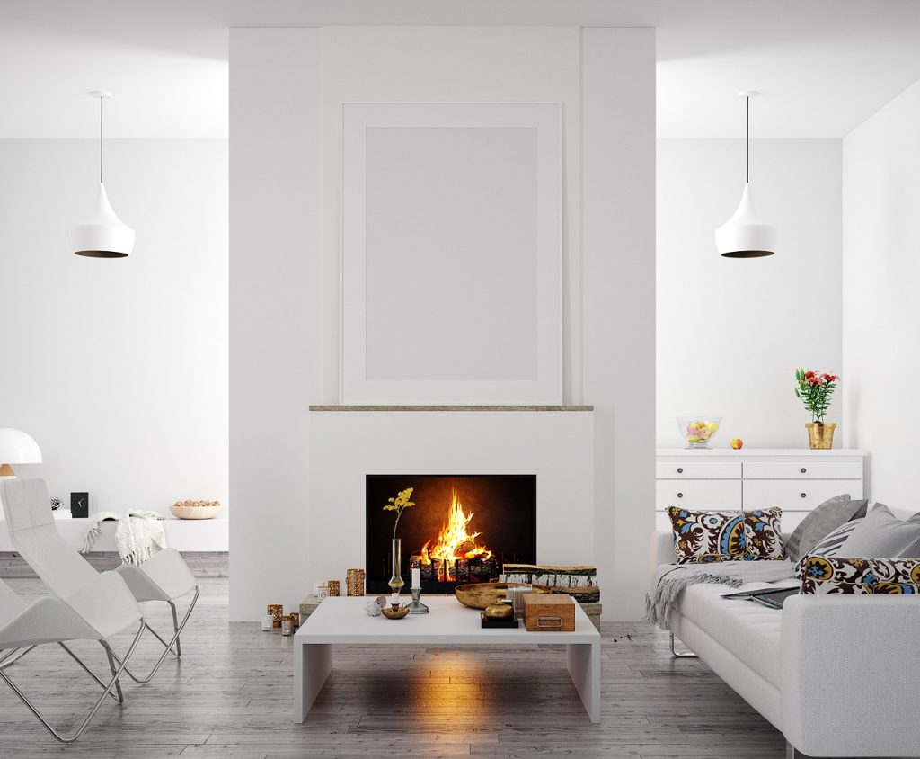 Mock up poster in modern home interior with fireplace, Scandinavian style, 3d render