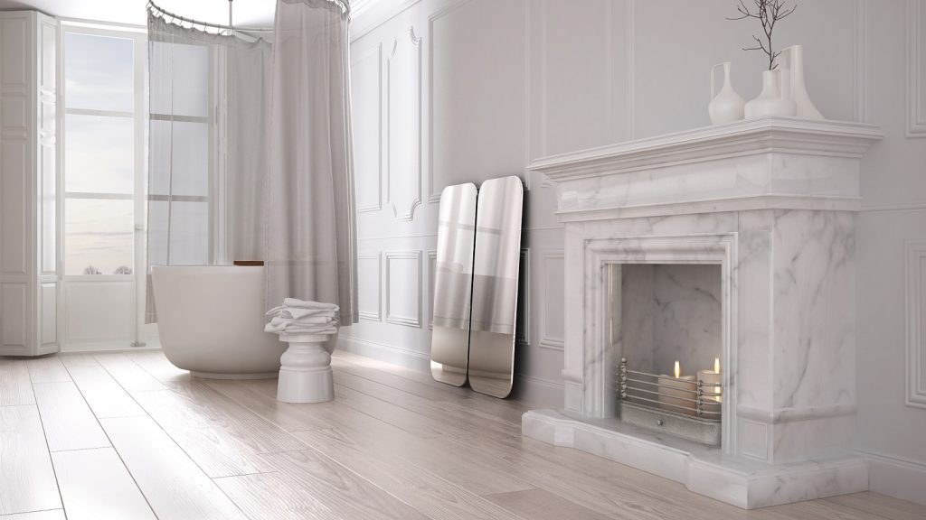 Vintage bathroom in classic space with old fireplace and parquet floor, modern interior design