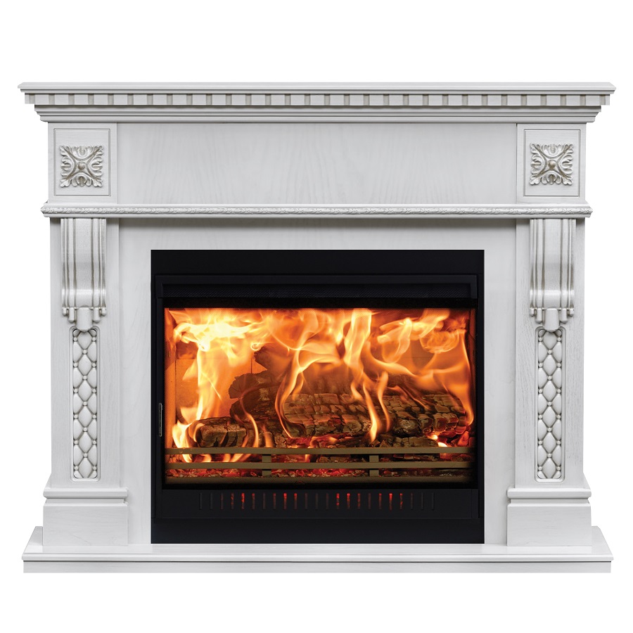 Burning classic fireplace of white marble. Isolated on white. georgian era fireplace