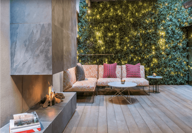 Outdoor gas fireplace in a modern outdoor space 